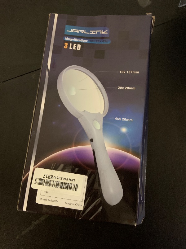 Photo 1 of JARLINK Large Magnifying Glass with Light, 10X 20X 45X Illuminated Handheld Magnifier with 3 LED Lights for Seniors Reading, Inspection Coins Jewelry, Exploring, Black