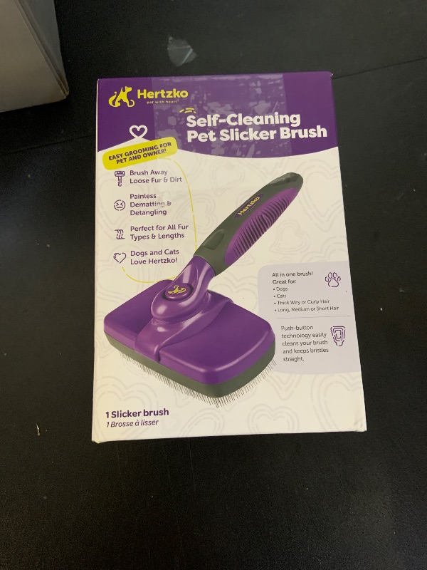 Photo 1 of Hertzko Self Cleaning Slicker Brush for Dogs and Cats - Pet Hair Brush for Shedding Long and Short Hair - Easy Clean Retractable Bristles - Cat and Dog Grooming Tool - Purple