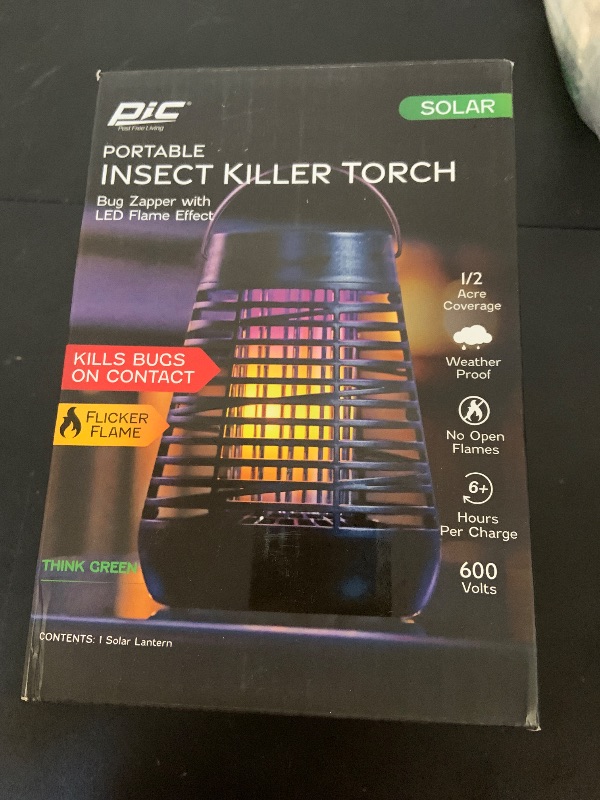 Photo 1 of PIC Portable Bug Zapper, 600V Solar Powered Insect Trap & Fly Zapper for Outdoor Use, LED Flickering Flame, Activates Automatically in Dark, Weatherproof Outdoor Fly Trap, Kills Bugs on Contact