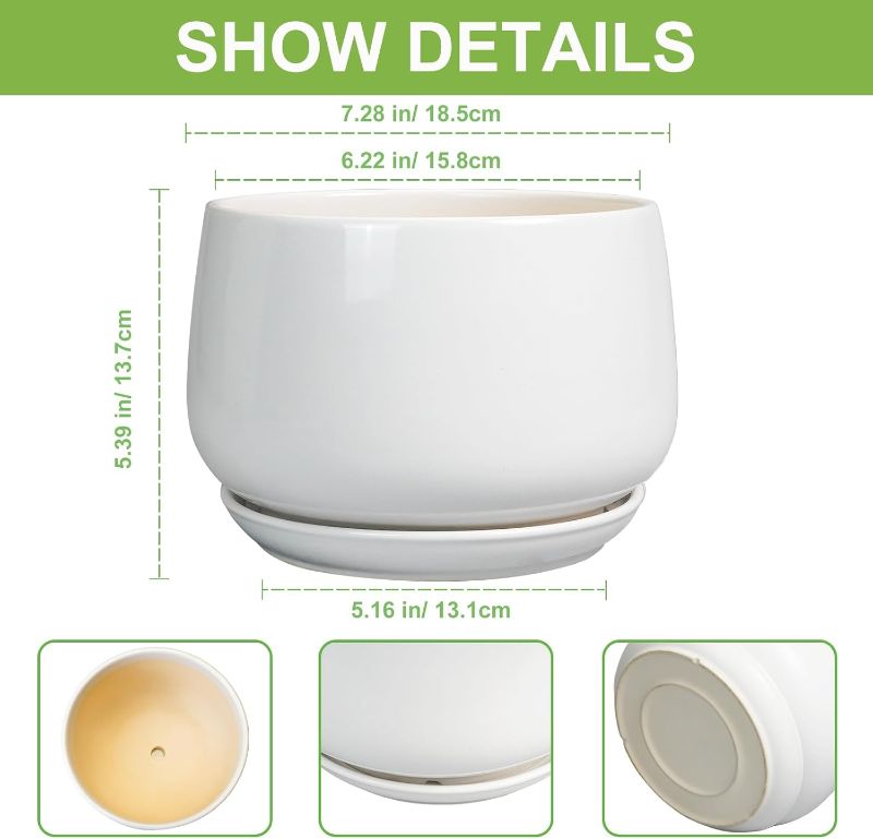Photo 1 of G EPGardening Ceramic Pots for Plants - 7 Inch Planter for Indoor Plants, Round Flower Pots with Drainage and Saucer, Modern Outdoor Planter, Garden Decor, Home Gifts, White