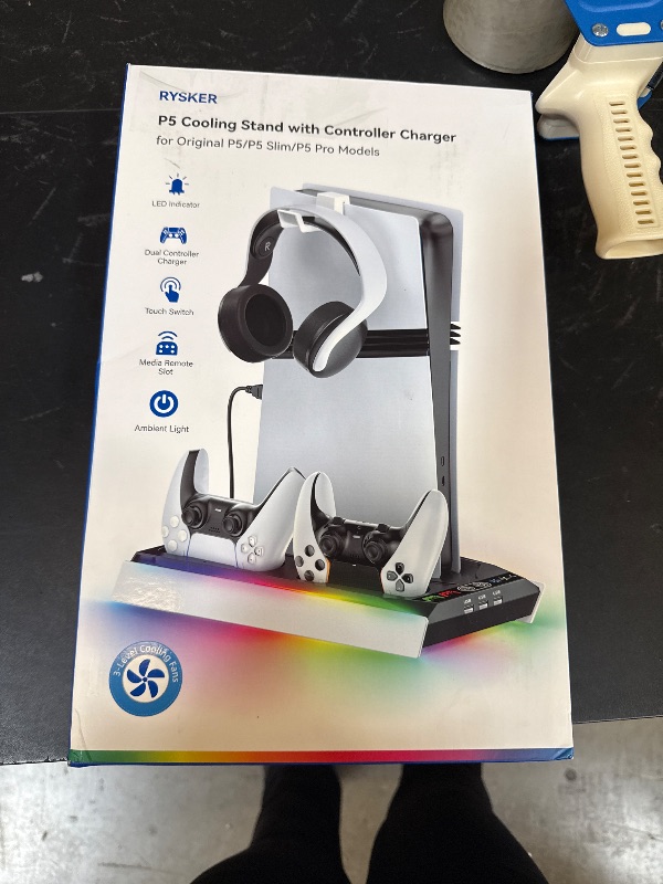 Photo 1 of PS5/Slim/Pro Stand for Disc & Digital Console, PS5 Cooling & Charging Station with RGB Ambient Lighting, PS5 Controller Charger Built-in 3 Level Fan, PS5/Slim/Pro Accessories for PlayStation 5 Case