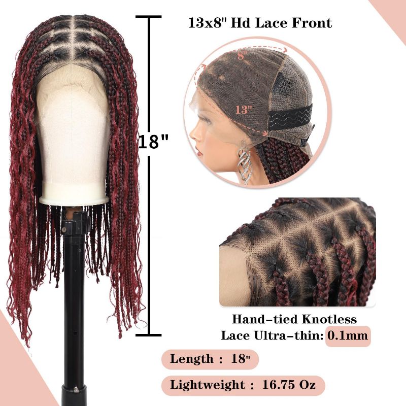 Photo 1 of exqui 18" Short Boho Braided Wigs for Women 13x8 Inch Hd Lace Front Box Braid Wig Bob Knotless Braided Wigs with Curly End Braided Lace Front Wig Premium Synthetic Natural Bungundy