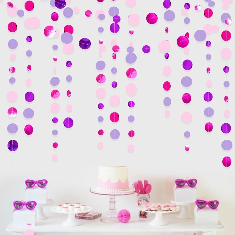 Photo 1 of Pink and Purple Party Decorations Circle Dots Garland Hot Pink Lavender Hanging Polka Dot Streamer for Girls Birthday Baby Shower Bridal Shower Wedding Bachelorette Anniversary Party Supplies