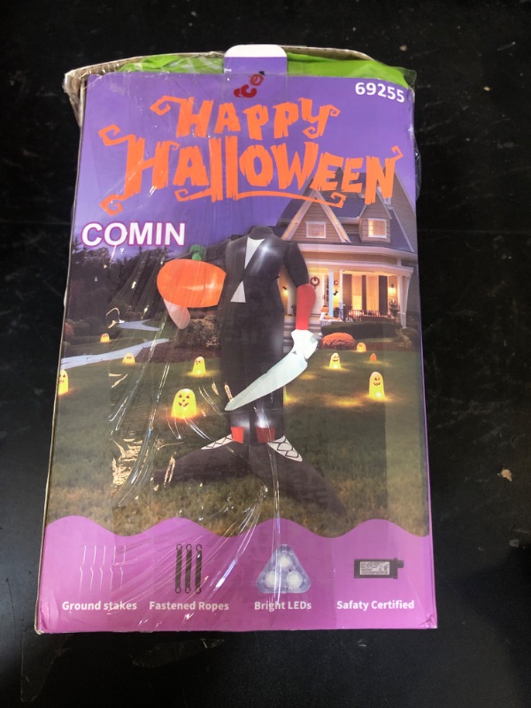 Photo 1 of COMIN 6.6 FT Tall Halloween Inflatables Pumpkin Headless Killer Outdoor Decoration Blow Up Holding Pumpkin Inflatable with Built-in LED Lights for Halloween Party Front Door Window Garden Decor
