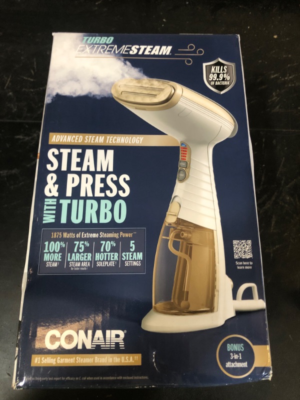 Photo 1 of Conair Handheld Garment Steamer for Clothes, Turbo ExtremeSteam 1875W Fabric Steamer, Portable Handheld Design, Strong Penetrating Steam, White/Champagne