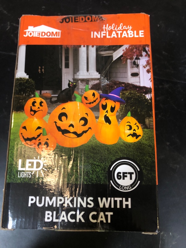 Photo 1 of Joiedomi 6 FT Long Halloween Inflatable Outdoor Decorations, Pumpkin Blow Up Yard Decorations, 7 Pcs Inflatable Pumpkin for Outside with Witch's Cat with Build-in LEDs for Halloween Decor