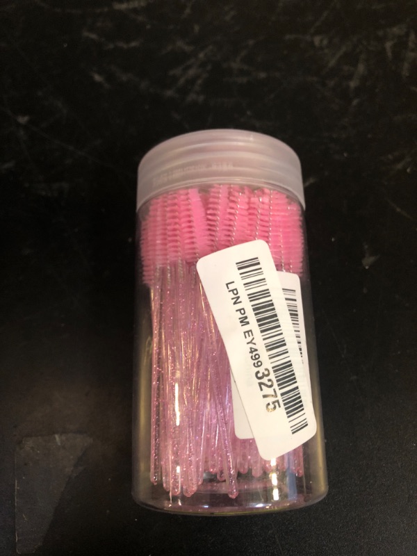 Photo 1 of 100 Pcs Disposable Mascara Wands, Crystal Eyebrow Spoolies Brush for Eyelash Extensions, Pink Lash Brushes with Container