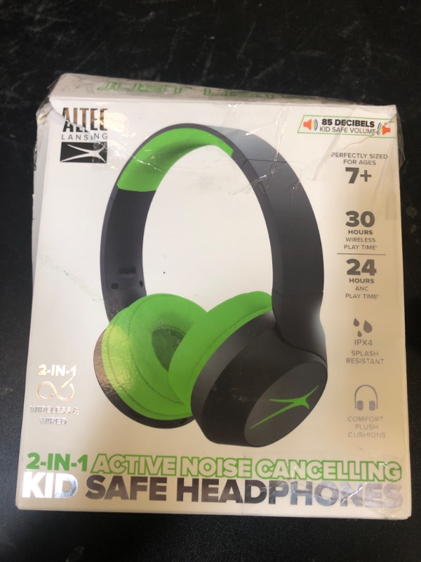 Photo 1 of Altec Lansing Kid Safe Noise Cancelling Wireless Headphones 15H Battery, 85dB Volume Limit, Foldable Design Powerful Sound, Active Noise Cancellation Perfect for Kids Ages 7+ (Blackout Green)