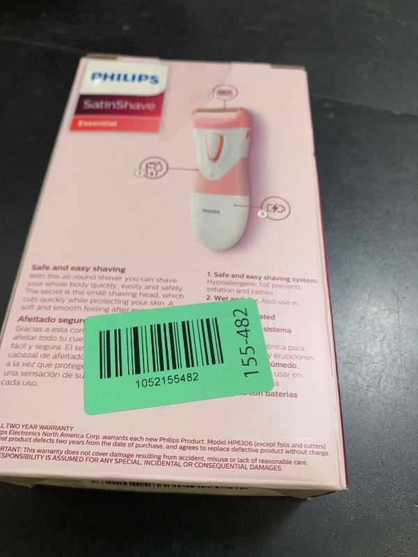 Photo 1 of Philips SatinShave Essential Women’s Wet & Dry Electric Shaver for Legs & Body, Cordless, with Hypoallergenic Foil, HP6306/50