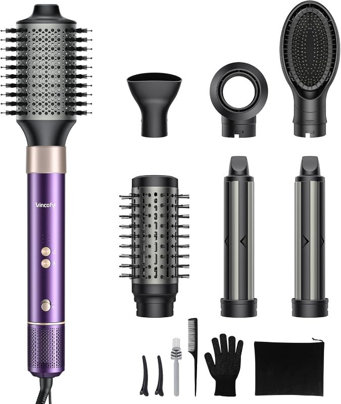 Photo 1 of 7 in 1 Blow Dryer Brush and Hair Dryer, Hot Hair Styler with Negative Ion 110,000 RPM Hair Straightener Brush for Fast Drying Straightening Curling Voluming, Suitable for All Types,Purple

