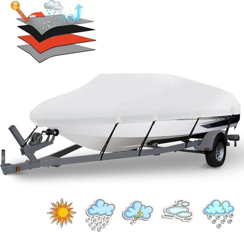 Photo 1 of Heavy Duty 1200D PU Waterproof Boat Cover, 20'- 22' Trailerable Marine Grade Polyester Canvas, Fits 20-22ft V-Hull, Runabout, Fishing Boat, Tri-Hull, Pro-Style Bass Boat with Tightening Strap