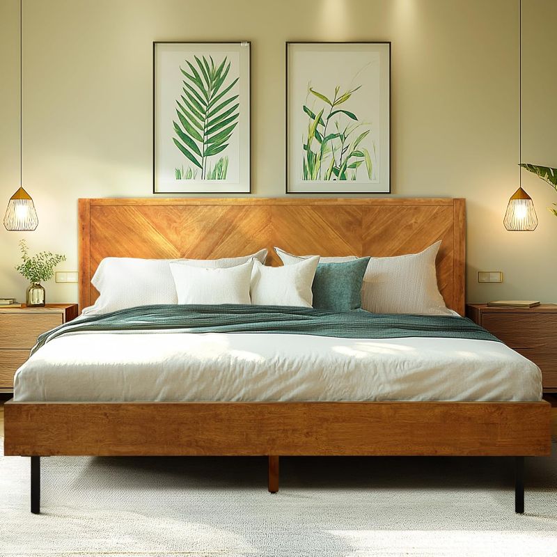 Photo 1 of Acacia Alander King Bed Frame and Headboard Solid Wood Platform Bed, Scandinavian Signature Wood Bed Compatible with All Mattress Types, Wood Slats Support, Bed Frame King Bedroom Furniture, Walnut
