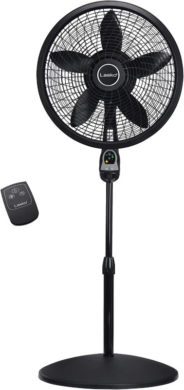 Photo 1 of Lasko Oscillating Cyclone Pedestal Fan, Adjustable Height, Timer, Remote Control, 3 Speeds, for Bedroom, Living Room, Home Office, 18", Black, 1843
