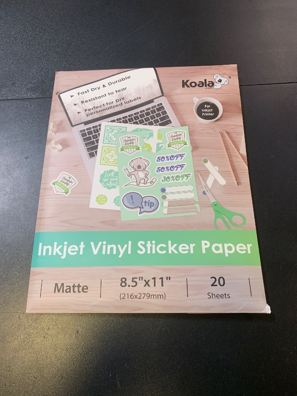 Photo 1 of Koala Printable Vinyl Sticker Paper for Inkjet Printer - 20 Sheets Matte White Vinyl Sticker Paper, Waterproof Sticker Paper 8.5x11 Inch, Work with Cutting Machine