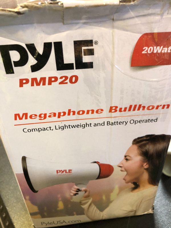Photo 1 of Pyle 20W Megaphone Bullhorn - 5.4'' x 8.6'' Portable Megaphone, Projection Range Up to 800 Sq. Yards, Voice Talking & Siren Alert, Shoulder Strap, Battery Operated, (White)
