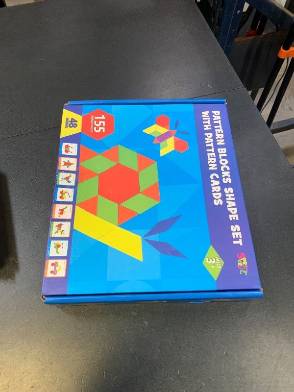 Photo 1 of 155 PCS Wooden Pattern Blocks Set, 24 Double-Sided Design Cards(48 Patterns) Geometric Shape Puzzle Fun Tangram Montessori Learning Toys for Kids Ages 4-8 (A Storage Bag & A Gift Box)
