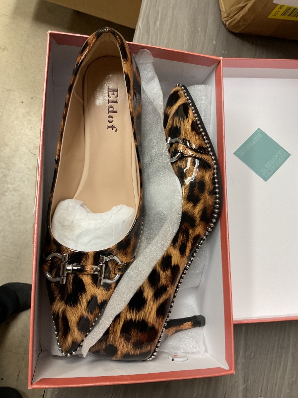 Photo 1 of Eldof Kitten Heels for Women Pointed Toe Beaded Low Heel Pumps Slip On Buckle Strap Pumps Shoes Women for Dress 2.5 Inches Patent Leopard US Size 8