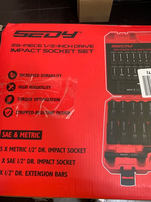 Photo 1 of 29-Piece 1/2" Drive Impact Socket Set, SAE (3/8 to 1 inch) and Metric (10-24mm) Sizes with Extension Bars Standard Deep Socket Set CR-V Material High Durability Impact Wrench