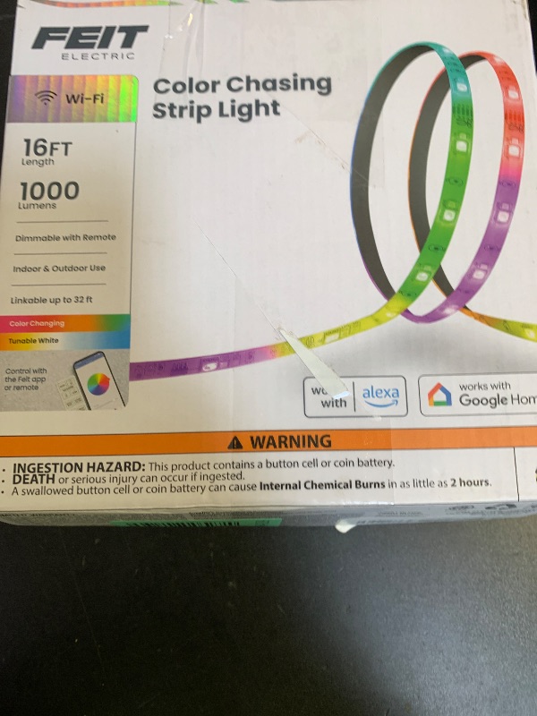 Photo 1 of Feit Electric Smart Light Strip 16FT, Ultrathin RGBW Color Chasing LED Light Strip, 2.4GHz Wi-Fi Enabled, Works with Alexa and Google Home Assistant, Remote Control, (0.4in x 192in) TAPE192/CHASE/AG