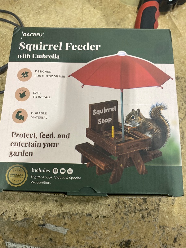 View 2 of **MISSING UMBRELLA / TABLE ONLY*** GACREU Squirrel Feeder Picnic Table – Wooden Bench Feeding Station with Umbrella, Drainage & Airflow – Easy Assembly Wildlife Feeder for Corn & Nuts – Unique Garden Gift