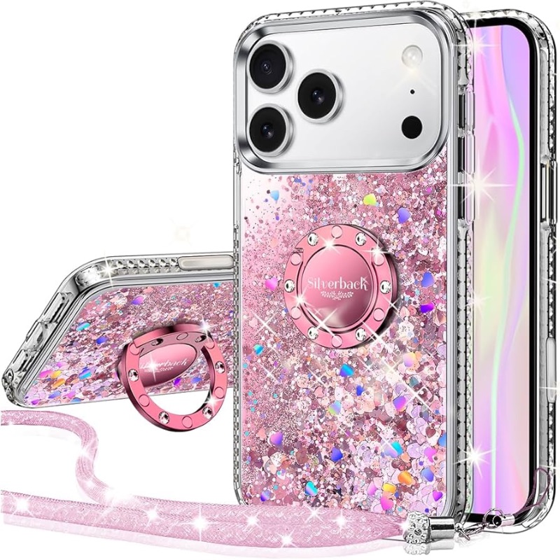 Photo 1 of **** Basic clear no glitter ****Silverback for iPhone 17 Pro Max Case, Moving Liquid Holographic Sparkle Glitter Case with Kickstand, Girls Women Bling Diamond Ring Protective Case for iPhone 17 Pro Max 6.9‘’ - Pink