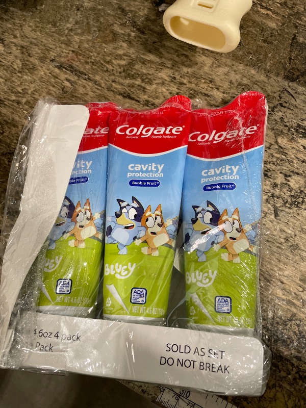 Photo 1 of *Missing 1 *Colgate Kids Bluey Toothpaste with Fluoride for Cavity Protection, Ages 2+, ADA Accepted, Sugar Free and Gluten Free, Bubble Fruit Flavor, 4 Pack, 4.6 Oz Tubes