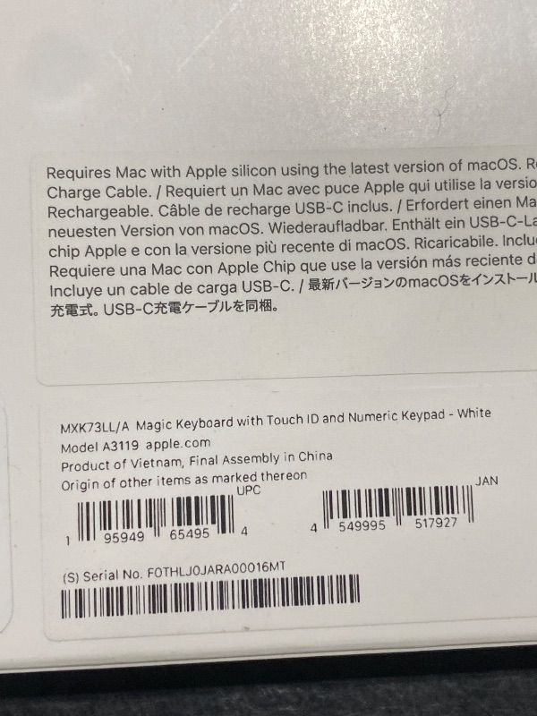 Photo 1 of Apple Magic Keyboard with Touch ID and Numeric Keypad: Wireless, Bluetooth, Rechargeable. Works with Mac Computers with Apple Silicon; US English - White Keys