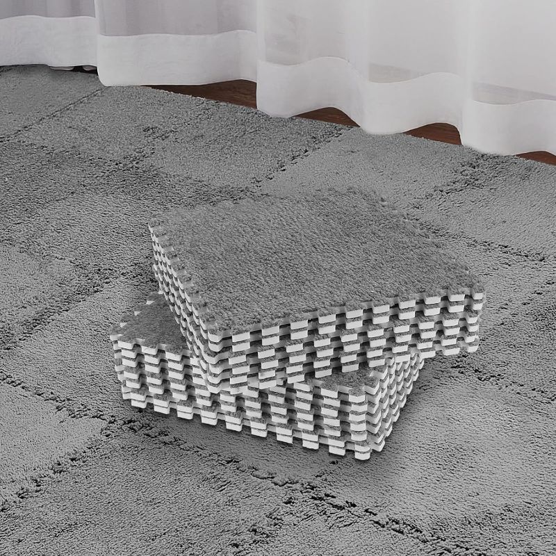 Photo 1 of  Plush Foam Interlocking Floor Mat Climbing Area Rugs 11.8 x 11.8 Inch Square Soft Fluffy Tiles with Border Play Mat Flooring Tiles for Home Playroom Decoration (Gray