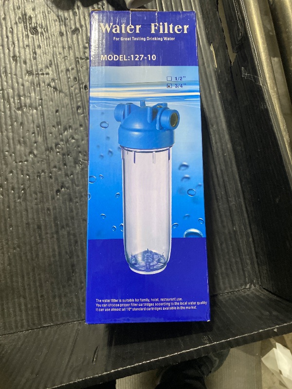 Photo 1 of 10 Inches European Design Transparent Standard Whole House Water Filter System with Presser Relief Valve, 3/4” Inlet/Outlet Brass Port and Yearly Supply (4) Sediment Cartridges 5 Micron