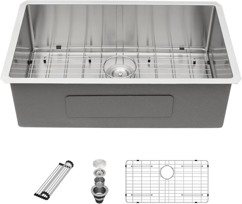 Photo 1 of Sarlai 33 Inch Undermount Kitchen Sink - 33 x19 Kitchen Sink Undermount Single Bowl Stainless Steel 16 Gauge Under Counter Sink With Accessories Round Corners