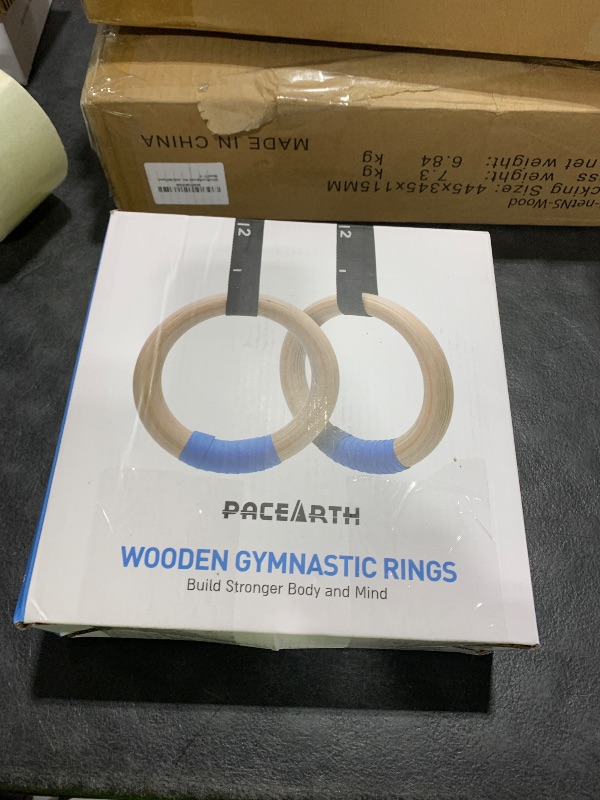 Photo 1 of PACEARTH Gymnastics Rings Wooden Olympic Rings 1500/1000lbs with Adjustable Cam Buckle 14.76ft/9ft Long Straps with Scale Non-Slip Gym Rings for Home Gym Full Body Workout