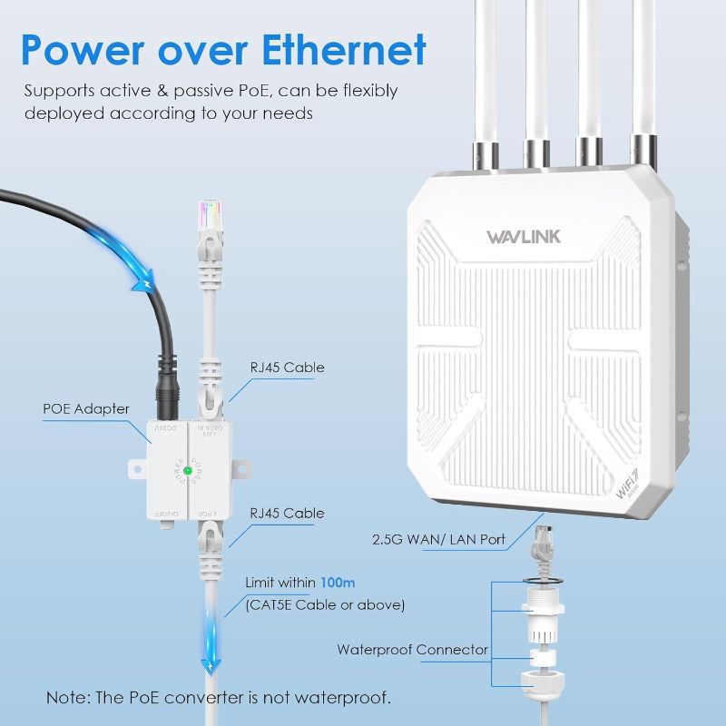 Photo 1 of WAVLINK WiFi 7 BE5100 Outdoor WiFi Extender, Dual Band Long-Range Outdoor WiFi Repeater|Access Point|Mesh Router, POE Powered | IP67 Waterproof | 4 x 8dBi Antennas, 2.5 Gbps Ethernet, Up to 2800 sq.ft
