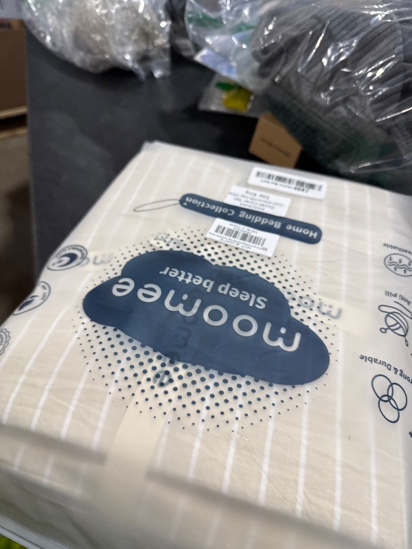 Photo 1 of MooMee Striped Duvet Cover Set 100% Washed Cotton Linen Like Textured Breathable Durable Soft Comfy (Almond Milk Grey White Wide Stripes, King 104"x90")