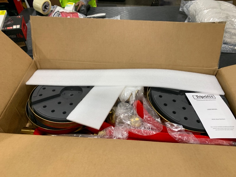 Photo 1 of Tripolss 4 PCS Stanchions and Velvet Ropes, Gold Posts 5 Feet Crowd Control Barriers, Stainless Steel Poles for Red Carpet Themed Party Decoration (Golden)