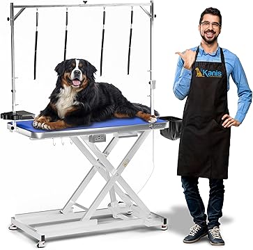 Photo 1 of KANIS Professional Electric Dog Grooming Table - Heavy Duty, Height Adjustable Pet Grooming Table w/Leveling Wheels, Grooming Arm, Anti Slip Tabletop & Tool Organizer/Dog Grooming Station (60", WHITE)
