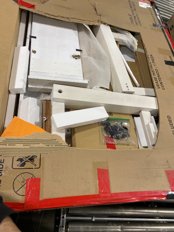 Photo 1 of Signature Design by Ashley Robbinsdale Casual Removable Center Leaf Dining Extension Table with Trestle Base, Wood, Ash Veneer, Tabletop with Planked Effect, 2 Removable Center Leaves, Seats 8, White