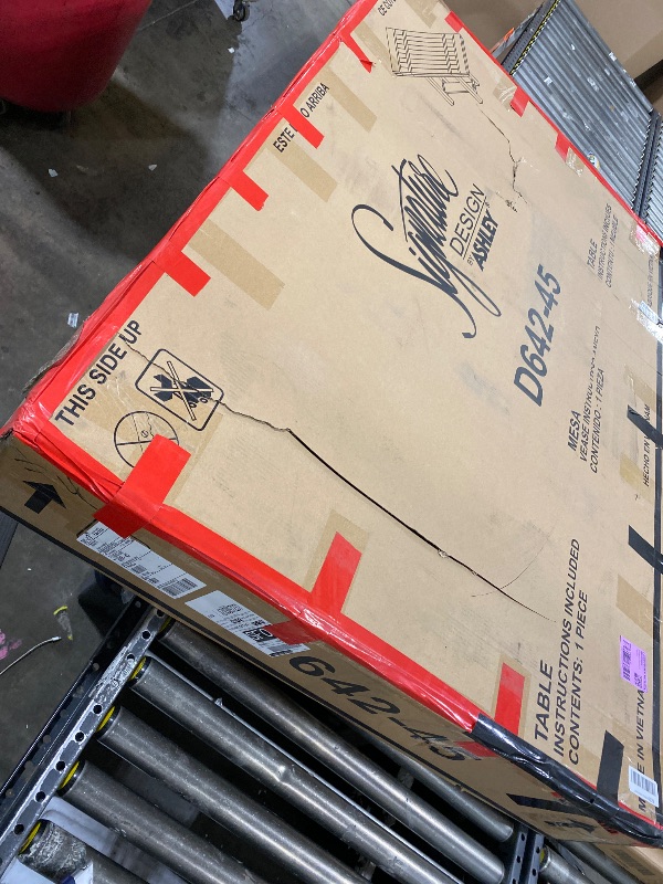 Photo 1 of Signature Design by Ashley Robbinsdale Casual Removable Center Leaf Dining Extension Table with Trestle Base, Wood, Ash Veneer, Tabletop with Planked Effect, 2 Removable Center Leaves, Seats 8, White