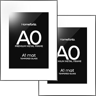 Photo 1 of Homeforia A0 Poster Frame Black, High End Metal 33.1 x 46.8 inch Large Picture Frames with Mat 23.4 by 33.1 for Photo, A0 Size Frames Matted to A1 Print, 33.1x46.8 Thin Frame, Tempered Glass, Set of 2