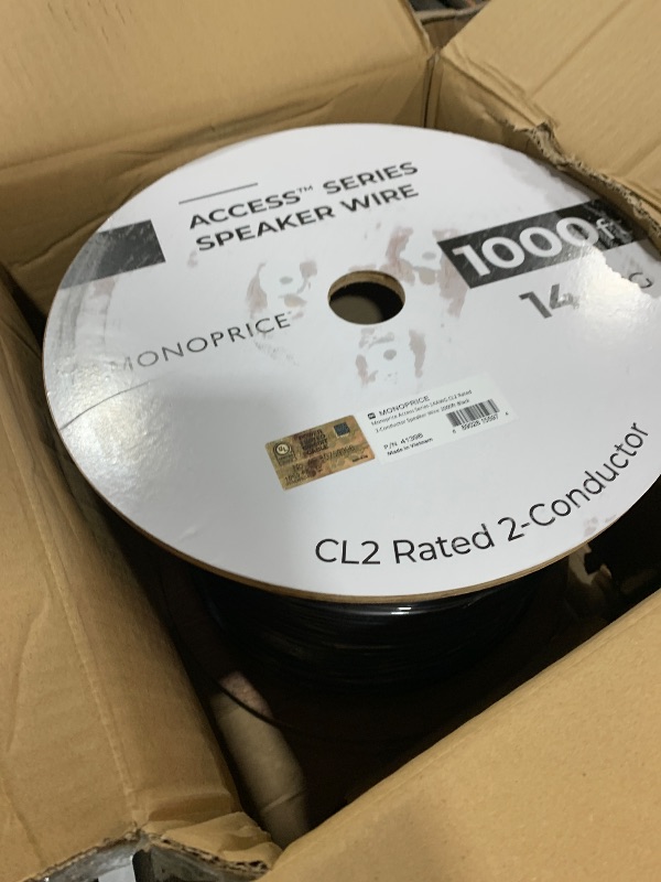 Photo 1 of Monoprice Speaker Wire - CL2 in-Wall Rated, 2-Conductor, Pure Bare Copper, Color-Coded PVC, 14AWG, 1000 Feet, Black