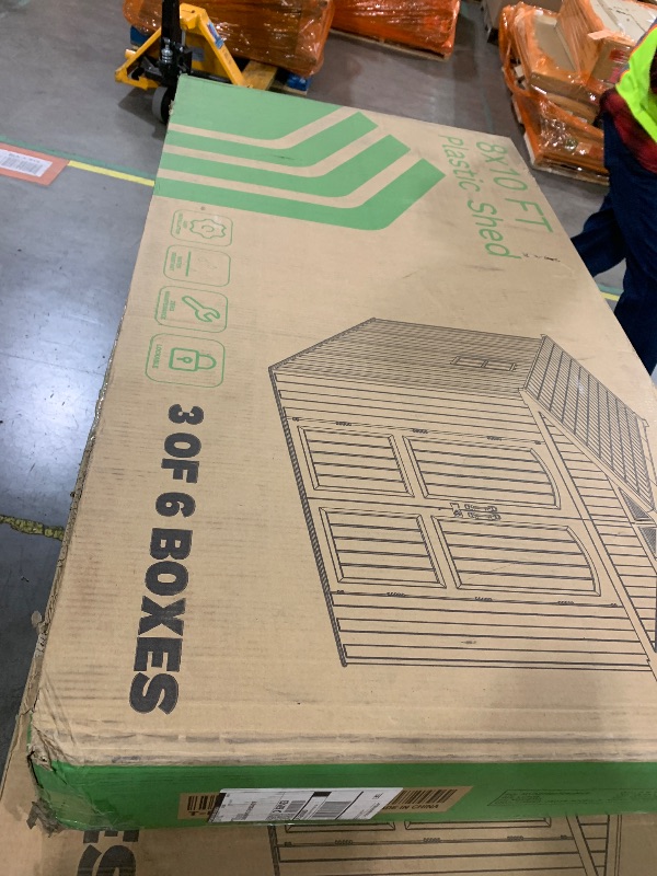 Photo 1 of Patiowell 8 x 10 FT Resin Outdoor Storage Shed with Floor, Plastic Shed with Window and Lockable Door for Garden, Backyard, Tool Storage Use, Easy to Install in Beige (Kick-it Shed)