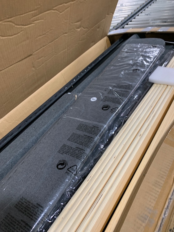 Photo 1 of Feonase Full Size Bed Frame with Charging Station, Upholstered Linen Bedframe with Wingback Headboard, Solid Wood Slats Support, Noise Free, No Box Spring Needed, Charcoal Grey