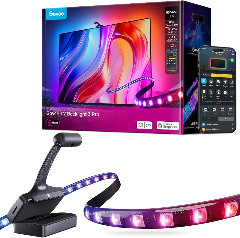 Photo 1 of Govee TV Backlight 3 Pro with HDR Triple Camera, 11.8ft 5-in-1 RGBWWIC LED Strip Lights That Change with 55-65 Inch TVs, 75LEDs/m, Supports AI Filter, Smart App and Voice Control, DreamView Sync