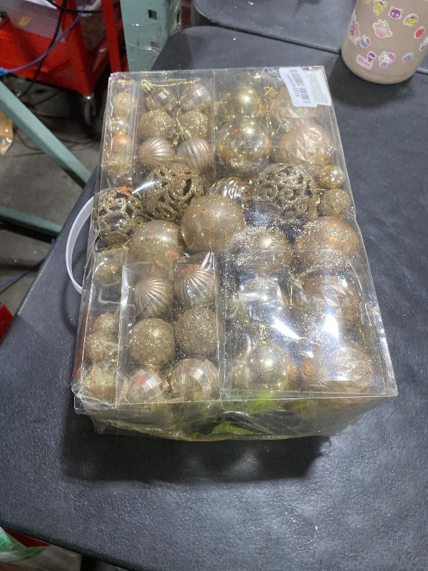 Photo 1 of 100PCS Christmas Ball Ornaments, Assorted Shatterproof Christmas Tree Decorations, Seasonal Decorative Hanging Baubles Decor Set for Xmas/Holiday/Party, Glitter&Painting Ornament Set (Champagne)