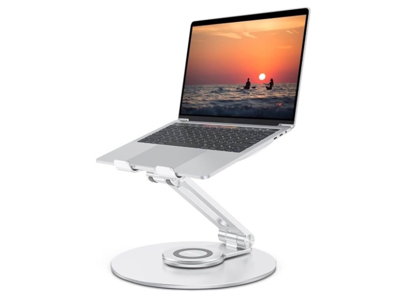 Photo 1 of OMOTON Adjustable Laptop Stand with 360 Rotating Base, Ergonomic Laptop Riser for Collaborative Work, Dual Rotary Shaft Fully Foldable for Easy Storage, Fits All Laptops up to 16 inches, Silver