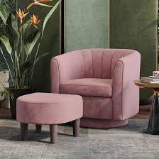 Photo 1 of LINSY Swivel Accent Chair Ottoman Set: Velvet Small Barrel Chair with Foot Rest, Modern Reading Chair Upholstered Armchair with Footrest for Living Room Bedroom Study Room Office (Pink)