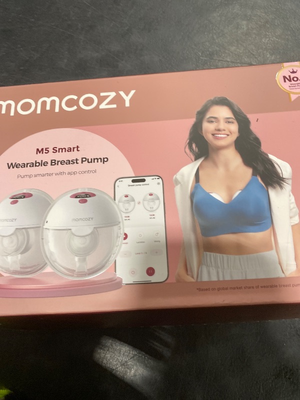 Photo 1 of Momcozy M5 Smart APP Controlled Wearable Breast Pump, Hands-Free Wireless Electric Pump, 3 Modes 9 Suction Levels, BPA-Free, Portable Lightweight, 24mm Flange, 2-Pack Quill Gray