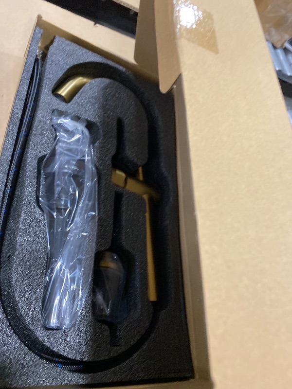 Photo 1 of KENES Brushed Gold Tall Bathroom Faucet, Single Handle Vessel Sink Faucet Single Hole, Modern Bathroom Vanity Faucet with Pop Up Drain and Supply Lines, KE-9005C-4