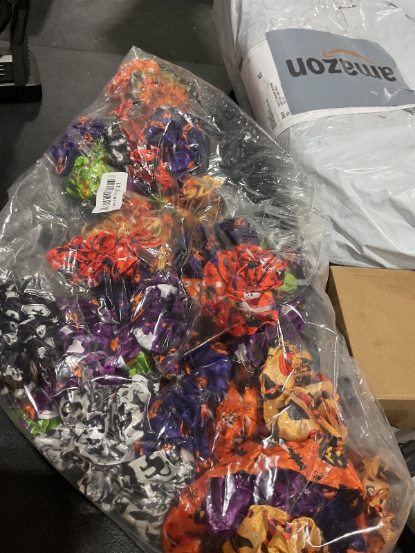 Photo 1 of Yuxung 80 Pcs Halloween Satin Hair Scrunchies Pumpkin Skull Black Cat Silk Hair Ties Elastic Bands Ropes Ponytail Holders Ties Halloween Accessories for Women Party Favors