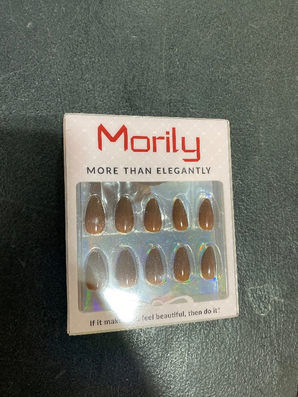 Photo 1 of Morily Press on Nails Almond, Dark Brown Short Fake Nails with Designs Reusable Acrylic False Nails Glossy Full Cover Stick on Nails for Women