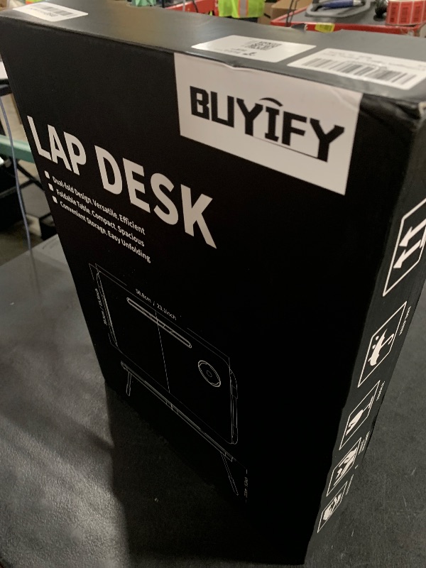 Photo 1 of BUYIFY Portable Foldable Laptop Desk for Bed and Couch, Adjustable Lap Desk with Cup Holder and Phone Holder, Ideal for Working, Reading, Writing, and Breakfast (Black)